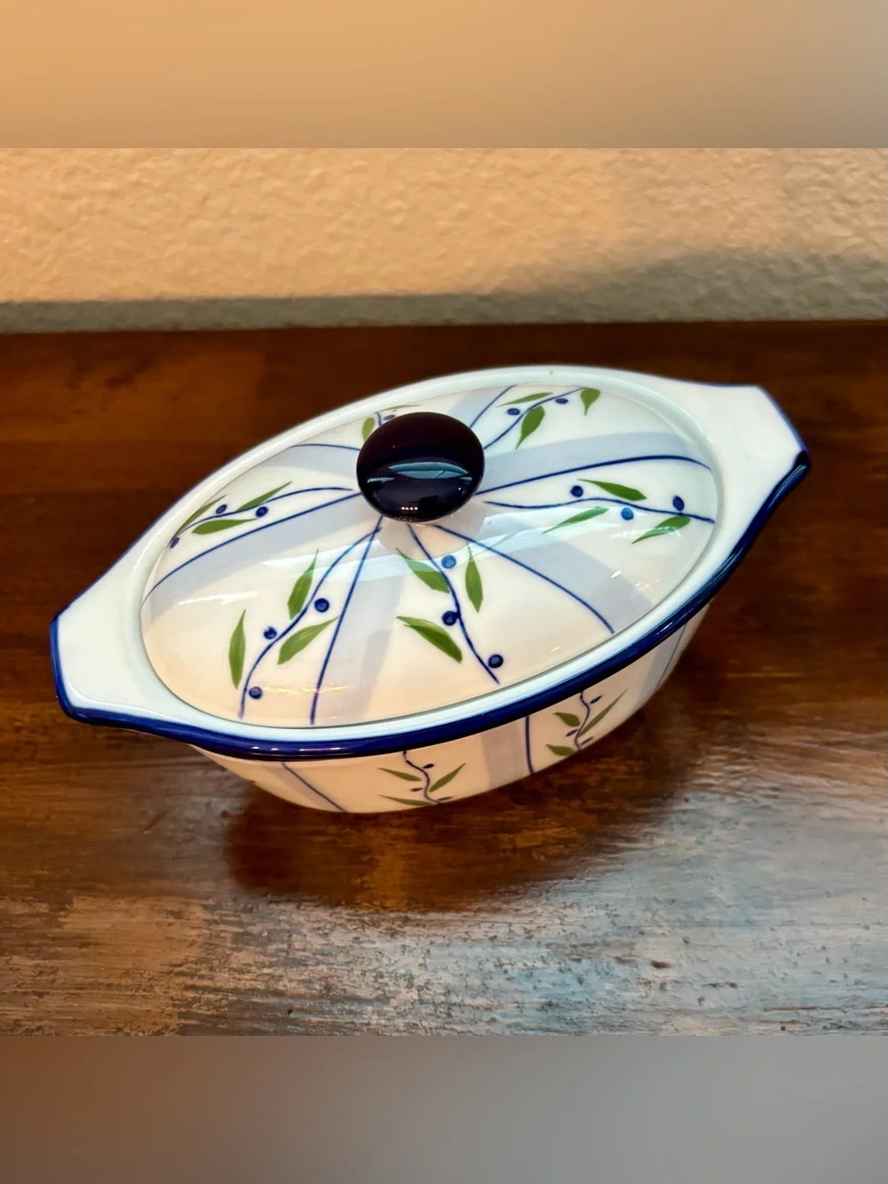 Vntg 3 Piece Cook Street Butter Boat Blueberry Floral Vine Water Cooled Butter